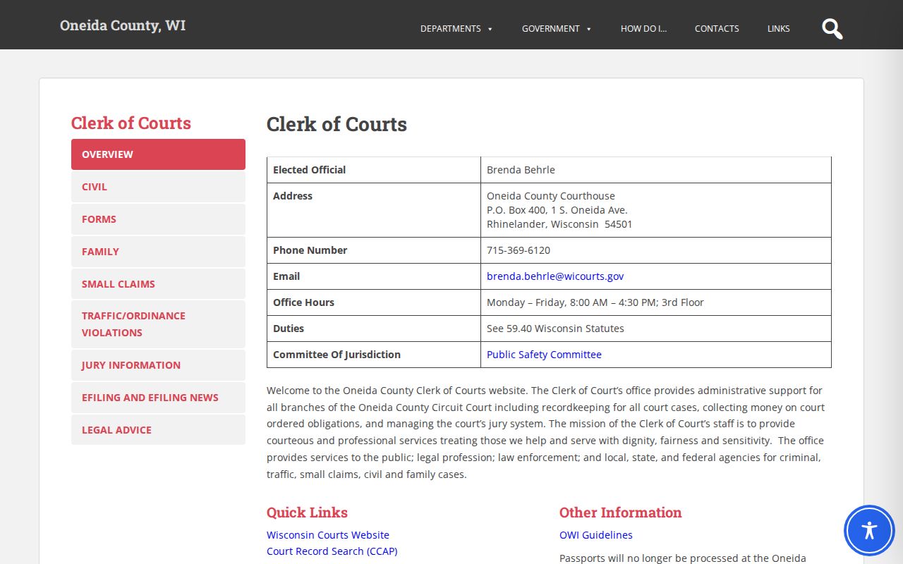 Oneida County Clerk of Circuit Court records contact page
