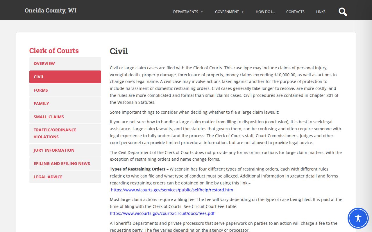 Oneida County civil docket large-claims categories and filing terms