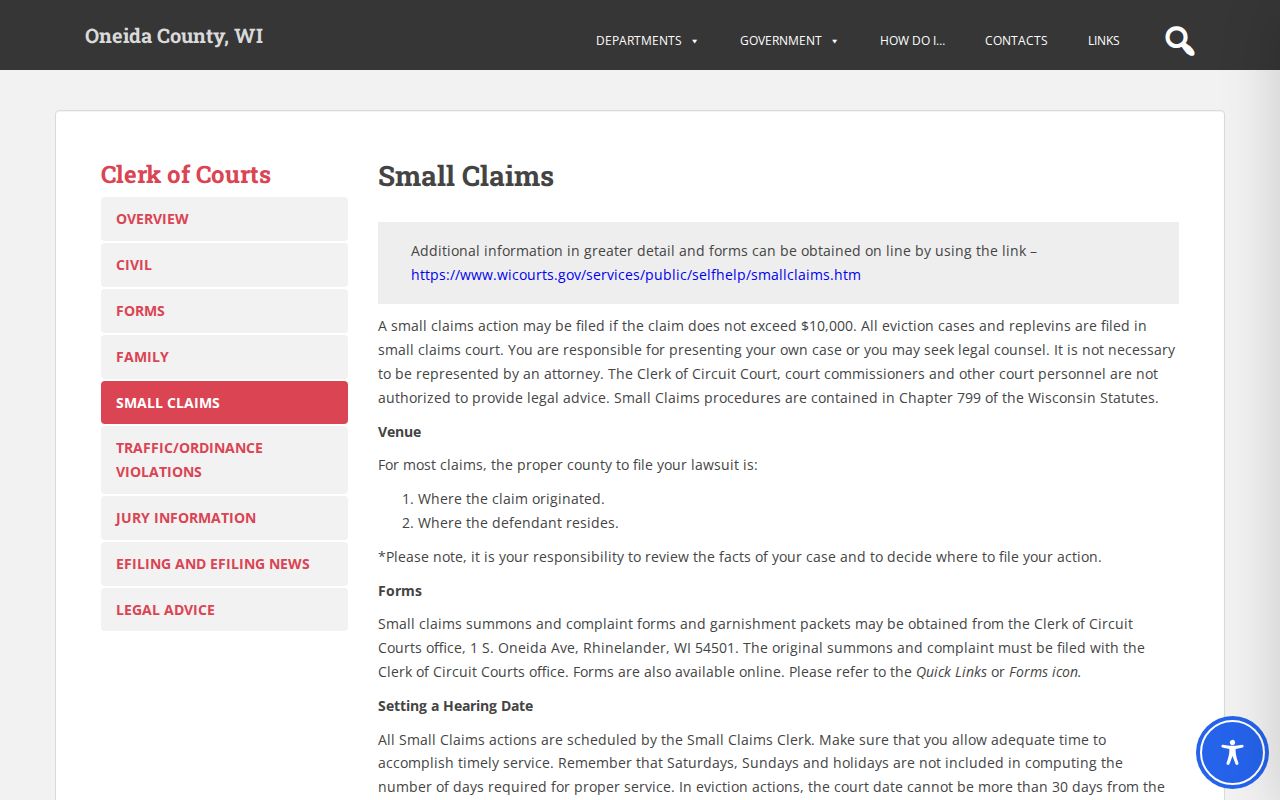 Oneida County civil docket small-claims threshold and service information