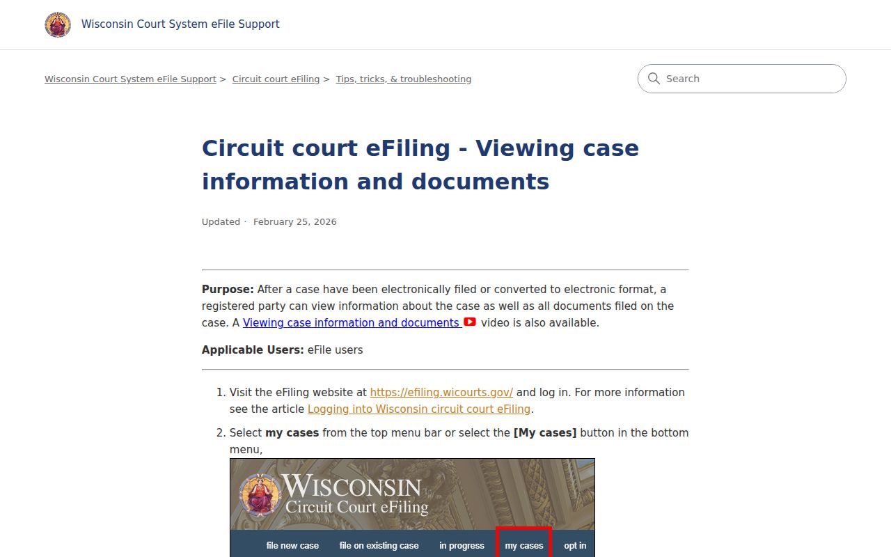 Oneida County court records in the authorized Wisconsin eFiling view