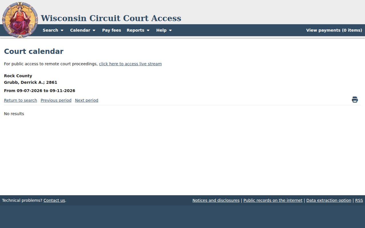 Oneida County court calendar report in WCCA